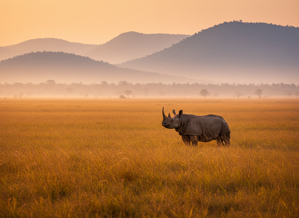 A majestic one-horned rhinoceros standing in the golden grasslands of Kaziranga, shot in Serengeti safari style — wide open savanna, dramatic golden hour light, long grass swaying, misty hills in the background, cinematic wildlife photography, rich warm tones, ultra realistic, high resolution