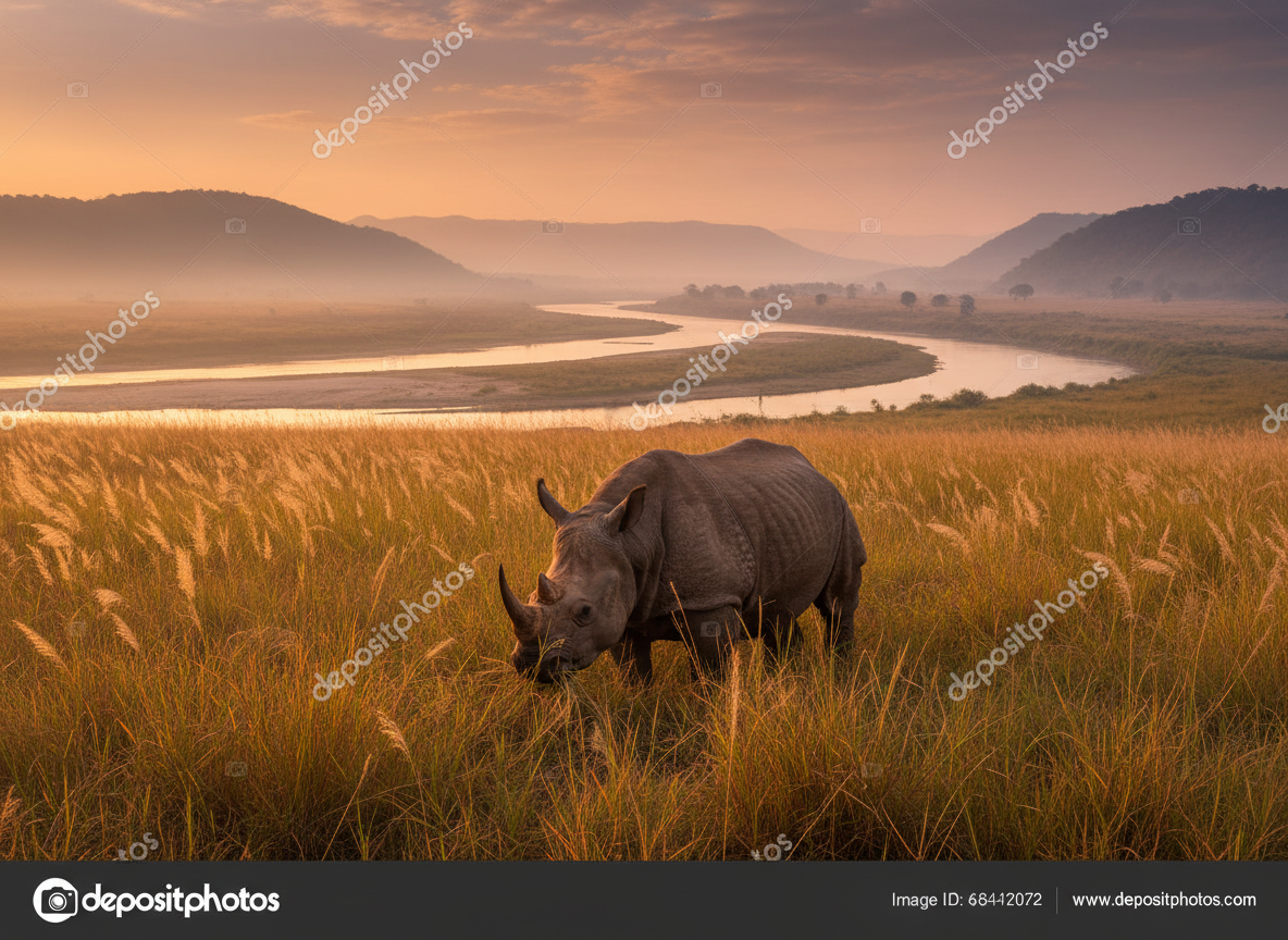 Kaziranga National Park — one-horned rhino in elephant grass at golden hour