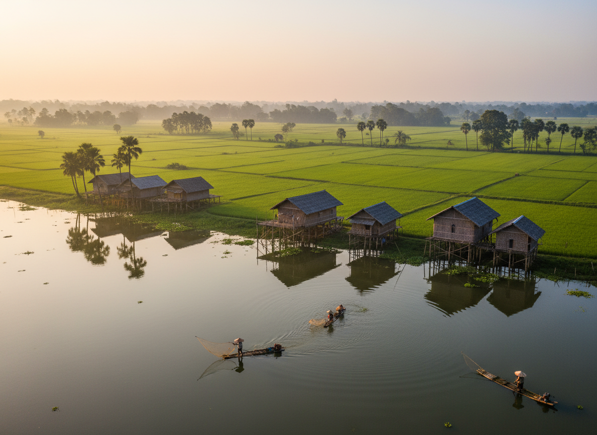 Majuli island — tribal stilt houses reflected in Brahmaputra backwaters