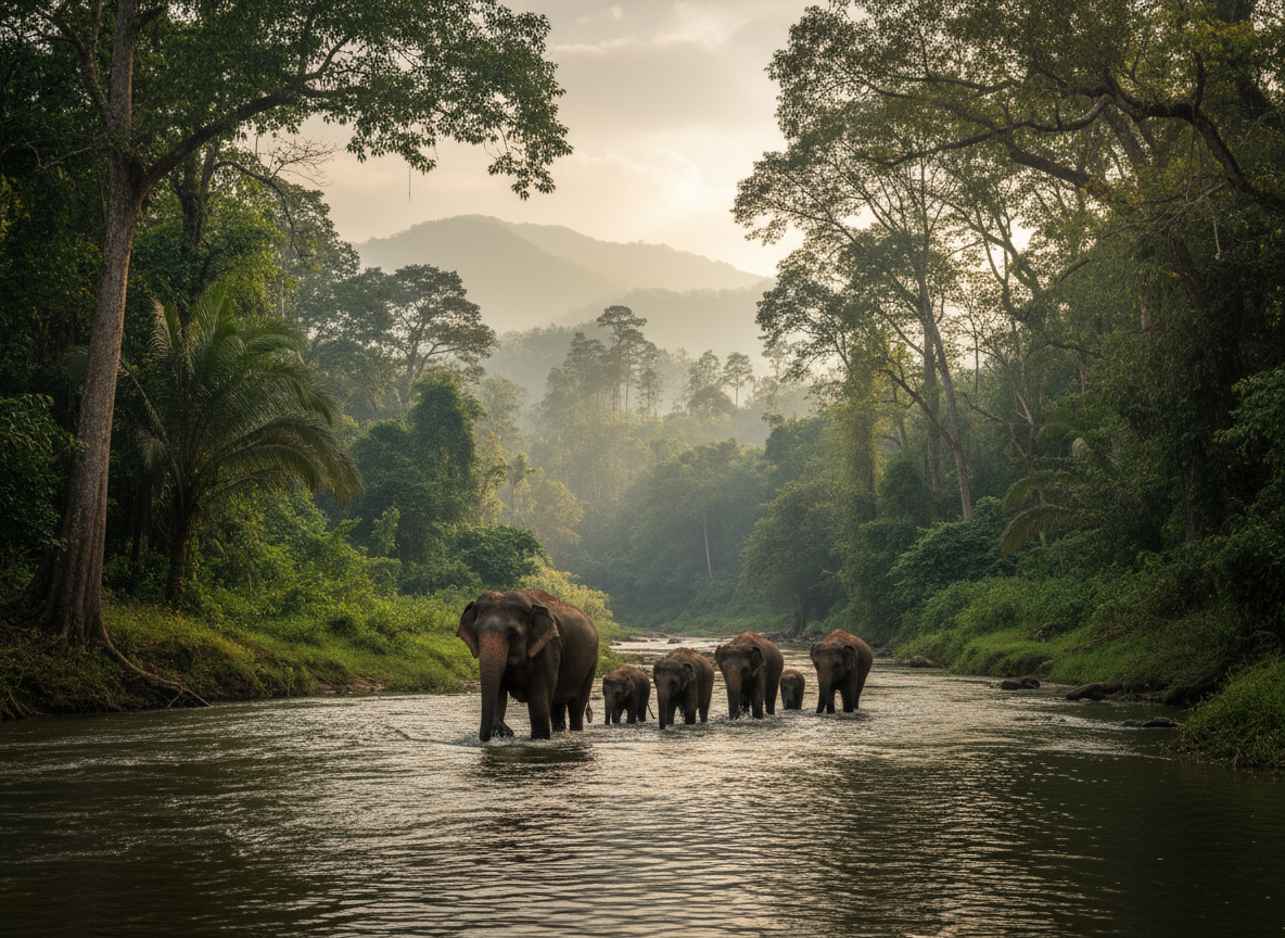 Manas National Park — elephant herd crossing a jungle river