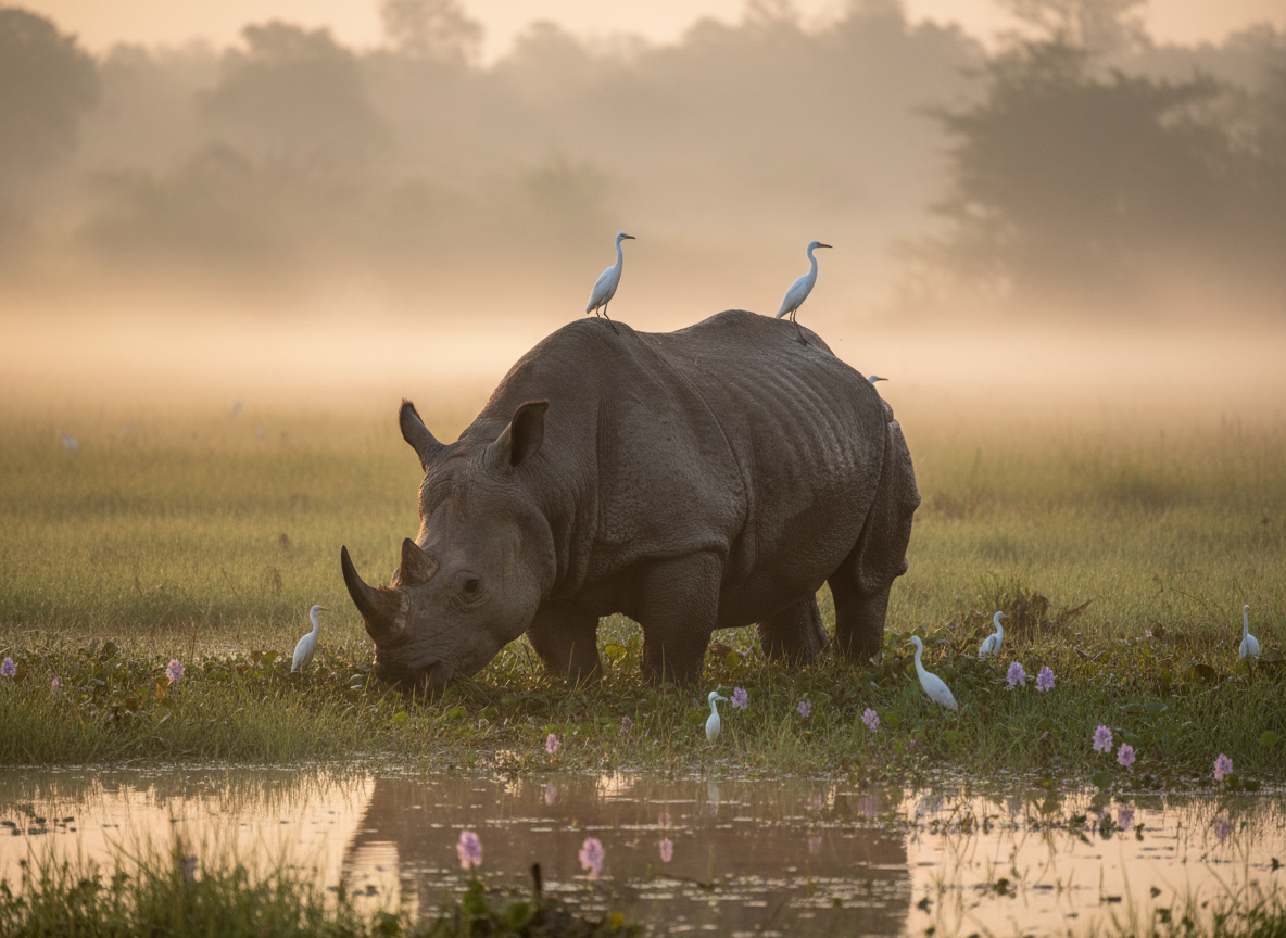 Pobitora Wildlife Sanctuary — one-horned rhino close-up in wetland grassland