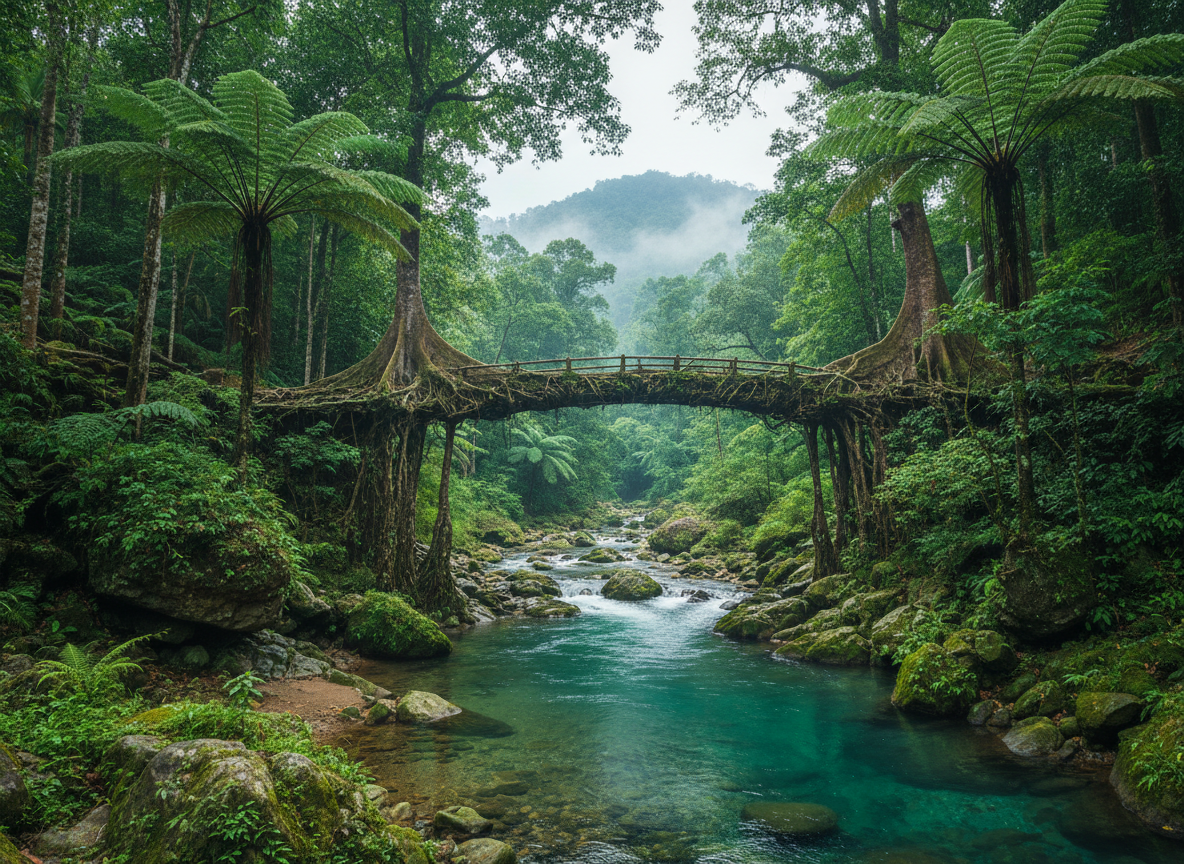 Living root bridges and waterfalls in Meghalaya