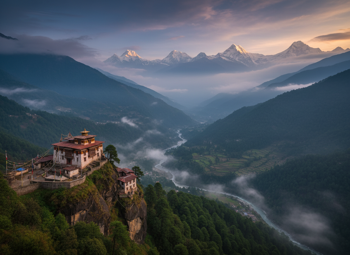 Sikkim – Buddhist monastery with snow-capped Himalayan peaks