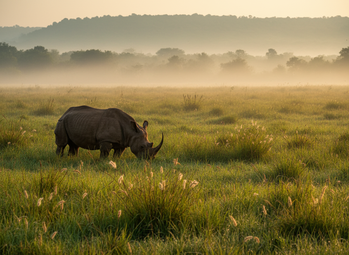 Assam - Kaziranga rhino in lush green landscape