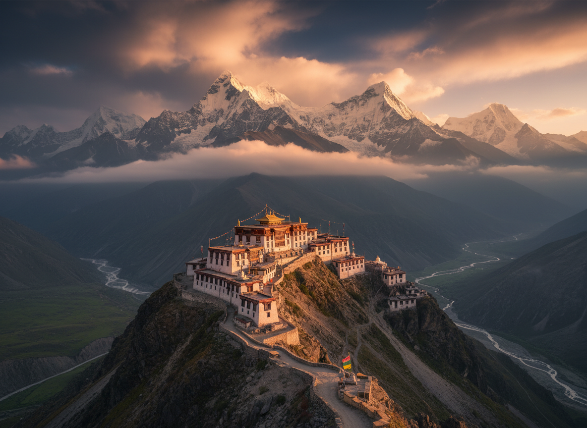 Arunachal Pradesh - Tawang Monastery with dramatic Himalayan mountains