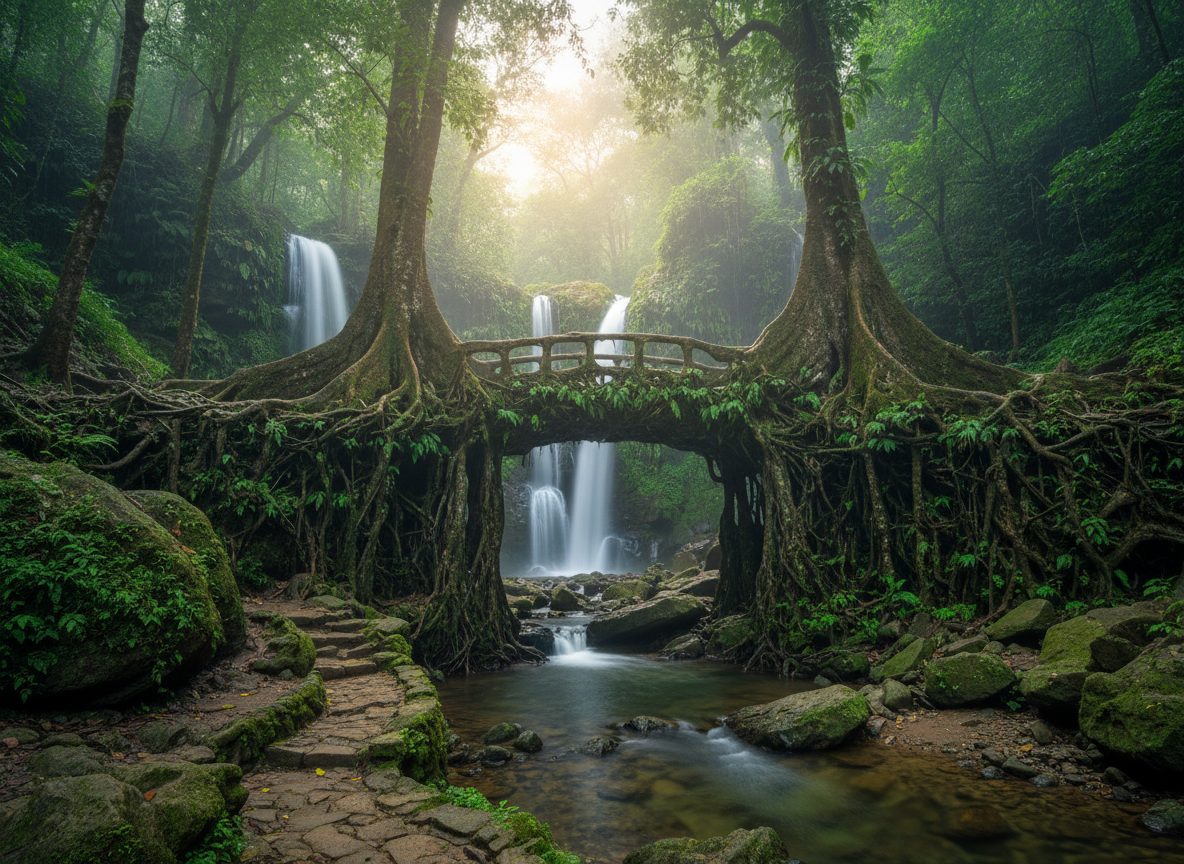 Meghalaya - Living Root Bridge surrounded by misty green forest