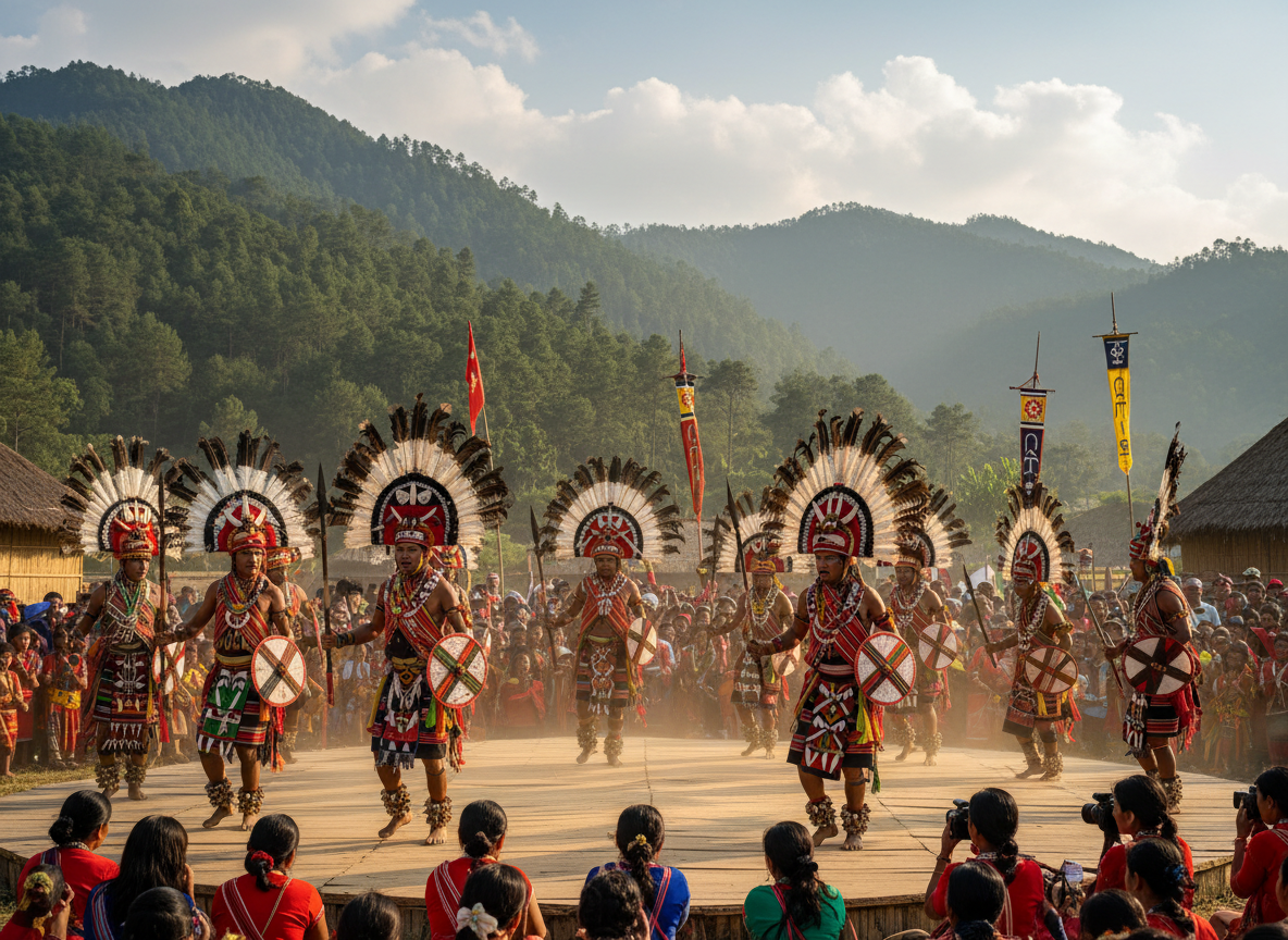 Nagaland - Hornbill Festival with people in traditional Naga attire