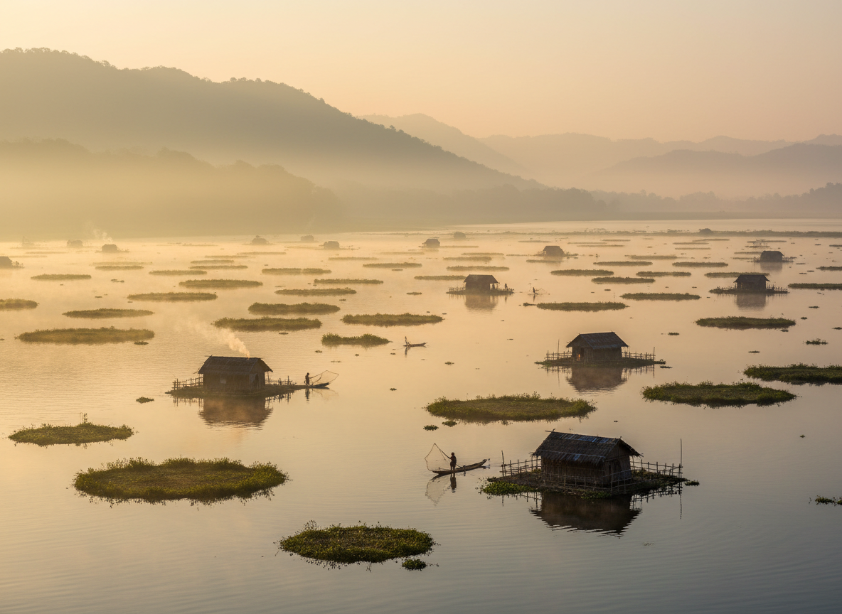 Manipur - Loktak Lake with floating phumdis at sunrise