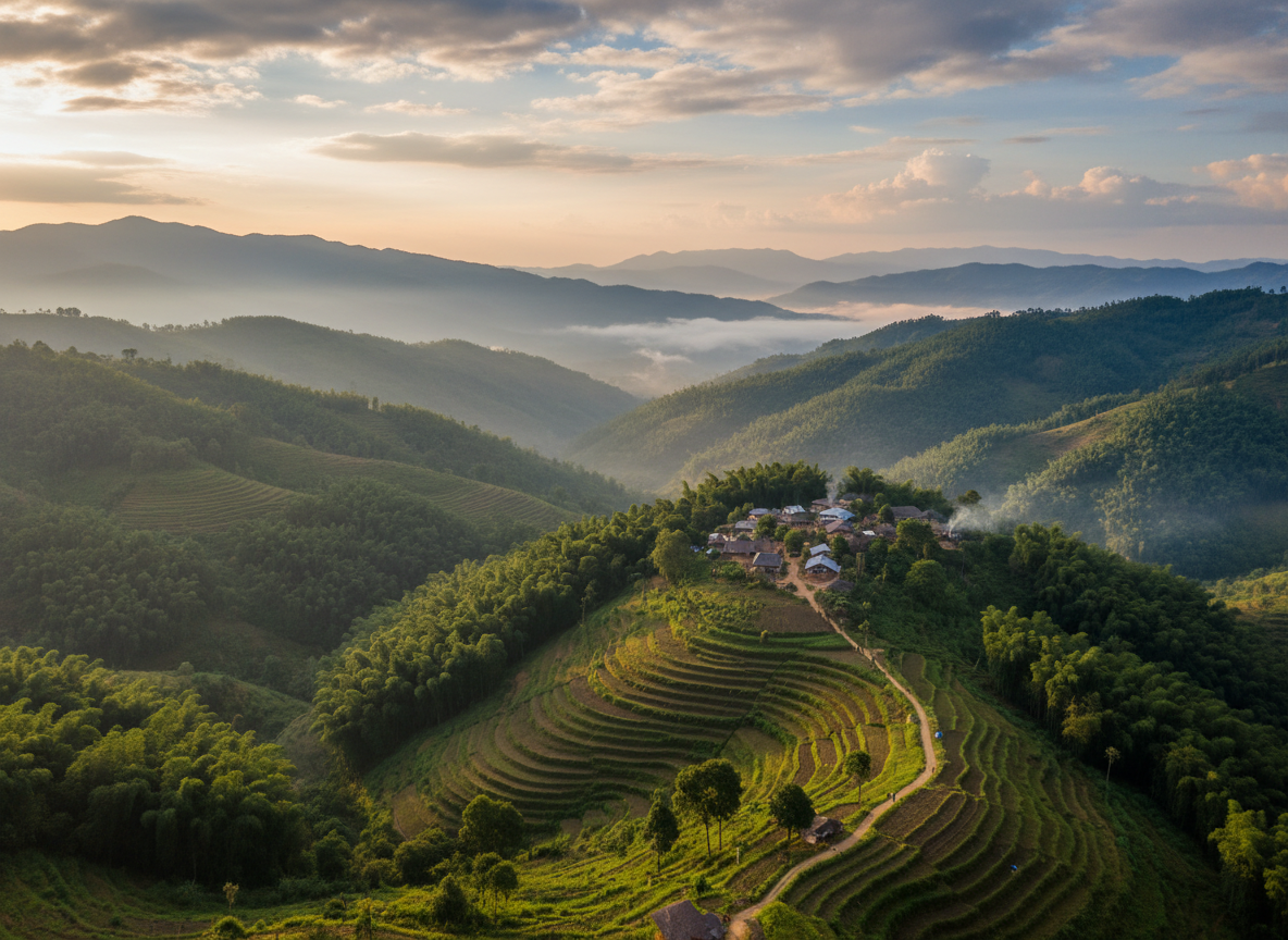 Mizoram - Rolling green hills with a traditional Mizoram village