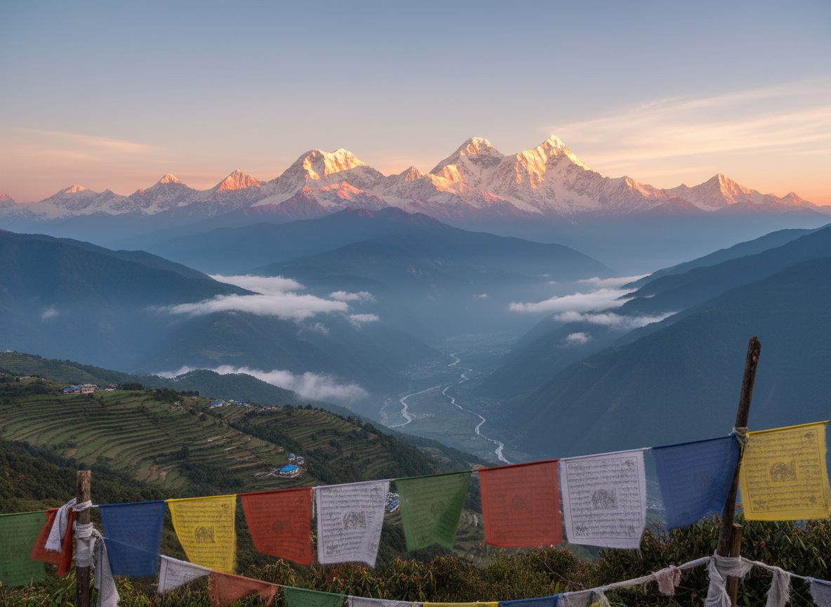 Sikkim - Kanchenjunga viewed from a Sikkim hillside at sunrise