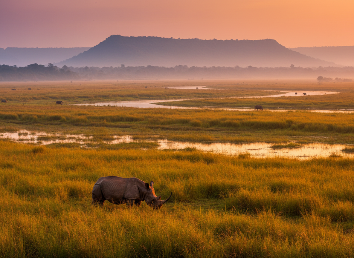 Kaziranga National Park — one-horned rhino in elephant grass at golden hour