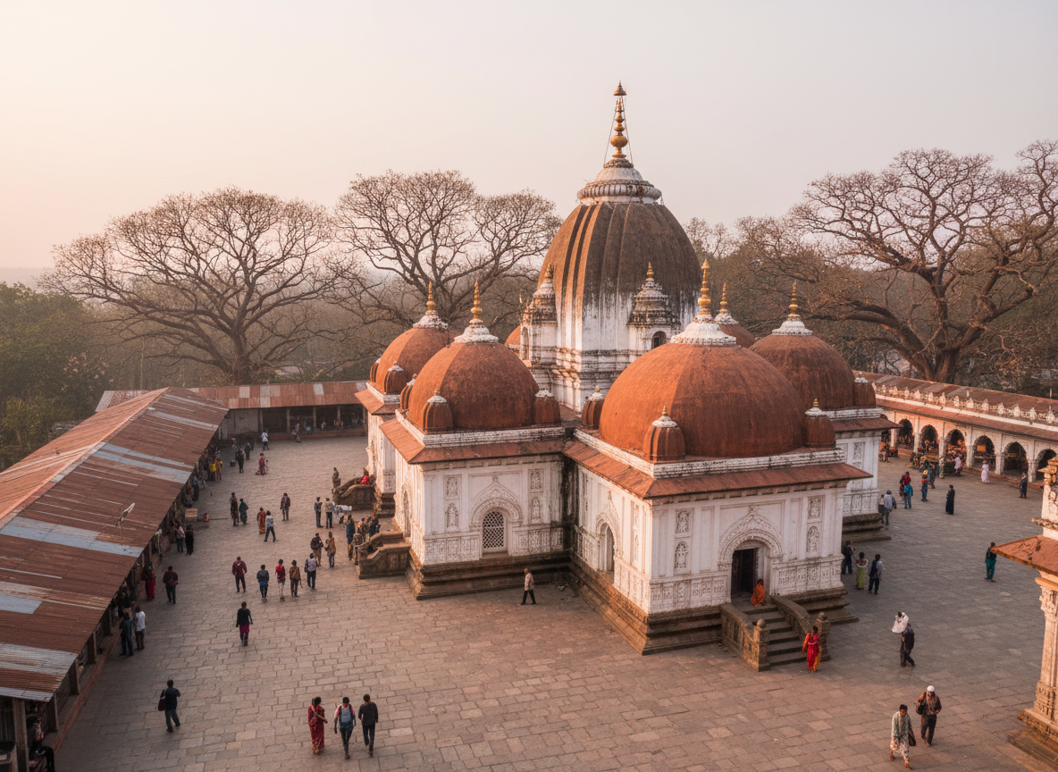 Kamakhya Temple complex in Guwahati, Assam, India — wide elevated view of the full temple complex showing multiple large beehive-shaped shikhara domes with copper/terracotta-colored rounded rooftops, white plastered walls with arched ornamental windows and decorative carved relief panels, a large prominent central dome surrounded by smaller domes each topped with golden metal finials, wide open paved stone courtyard with pilgrims and tourists walking around, large spreading bare-branched trees (banyan/peepal) visible against a pale hazy overcast sky, warm diffused peachy-pink light at dusk, red corrugated roof structure on the left side, realistic travel photography style, shot from an elevated wide-angle perspective showing the entire temple complex layout, no text overlays