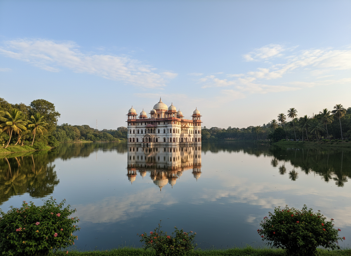 Neermahal, the white-and-red water palace rising from Rudrasagar Lake