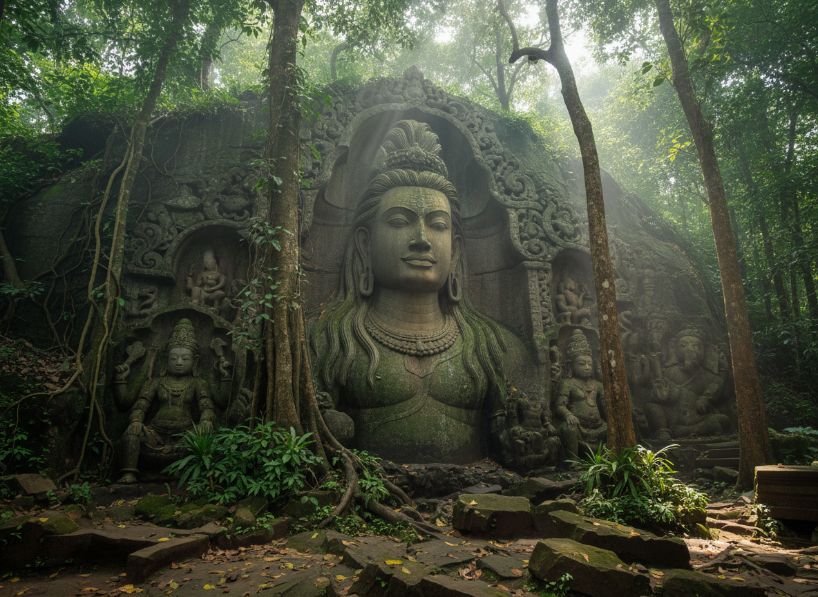 Ancient rock carvings of Unakoti emerging from the jungle hillside