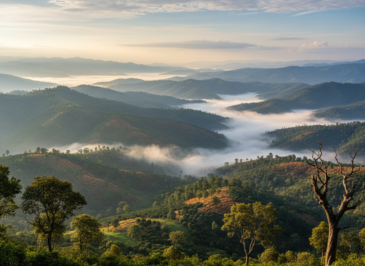 Orange orchards draping the ridges of the Jampui Hills at sunrise