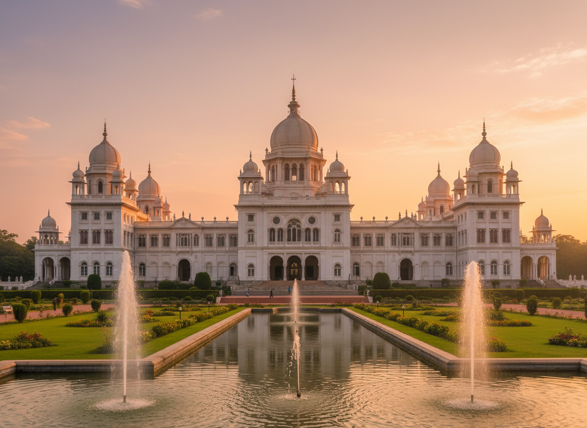 Ujjayanta Palace in Tripura reflected in twin lakes at dusk