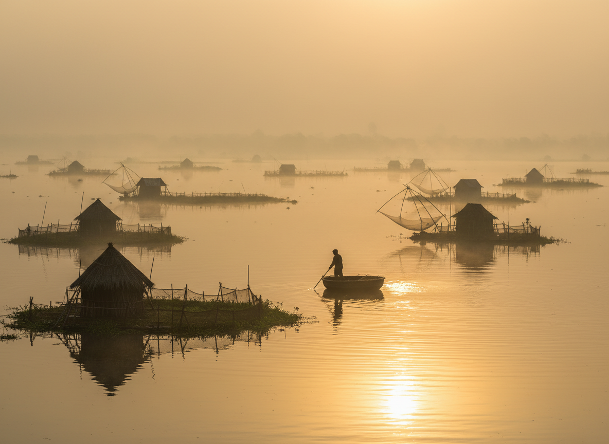 A lone fisherman in a traditional circular boat on Loktak Lake at sunrise