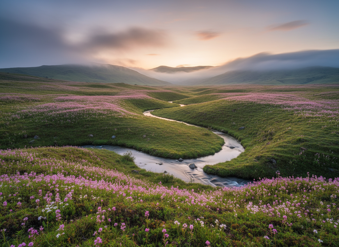 Dzukou Valley with rolling green meadows blooming with seasonal wildflowers and layered misty hills