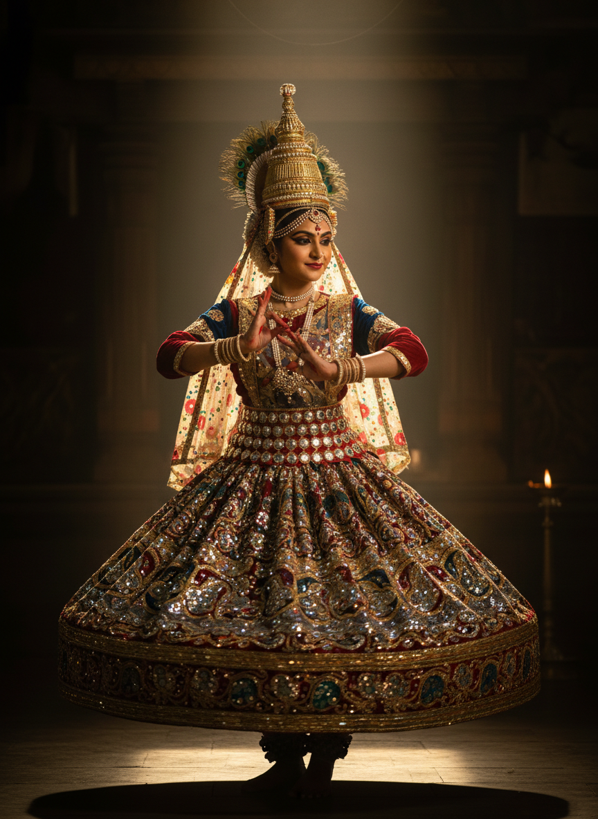 A Manipuri classical dancer performing Ras Lila in an ornate embroidered costume and conical headdress