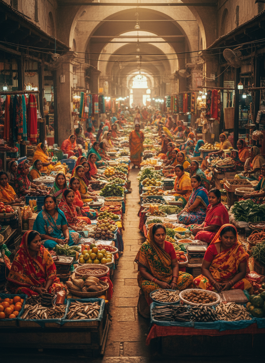 Ima Keithel, the historic all-women mothers market in Imphal, with rows of women vendors in traditional dress
