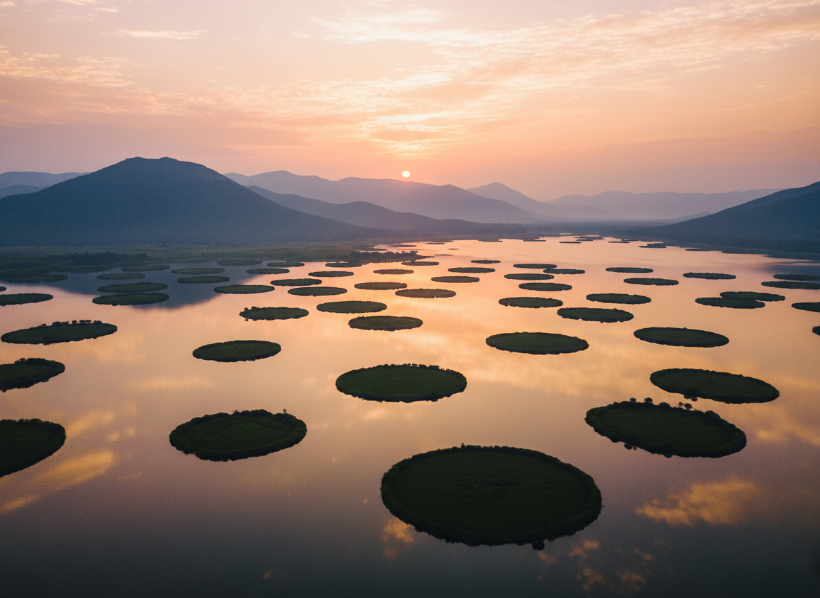 Dramatic aerial landscape of Loktak Lake in Manipur at golden sunrise, with circular floating islands scattered across mirror-still water