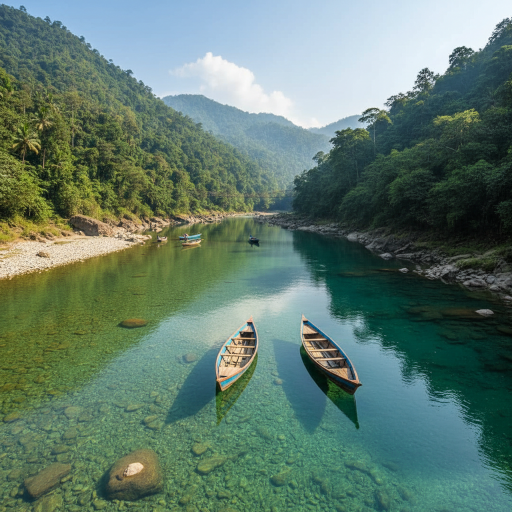 Crystal clear Umngot River at Dawki, Meghalaya