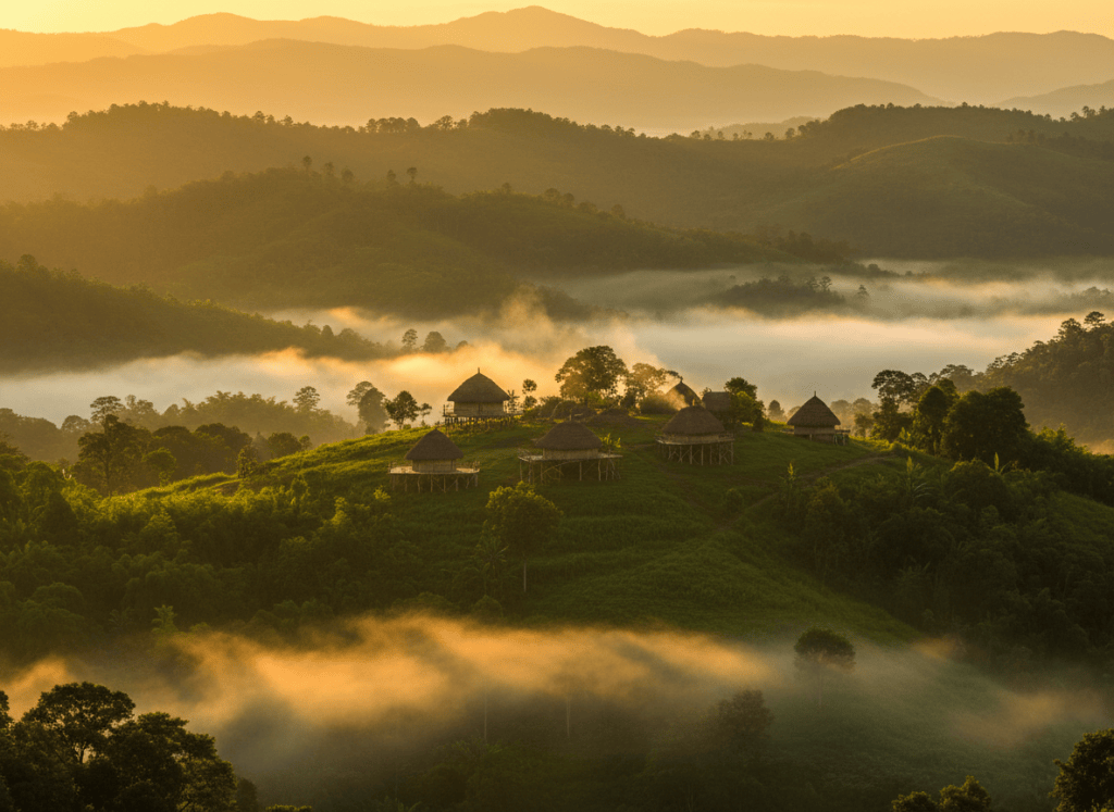 Reiek Heritage Village in Mizoram, India — lush rolling green hills covered in dense forest, traditional Mizo thatched bamboo huts perched on a hilltop village, misty valleys stretching below, warm golden hour light, wide landscape, travel photography style, vibrant greens and golden tones