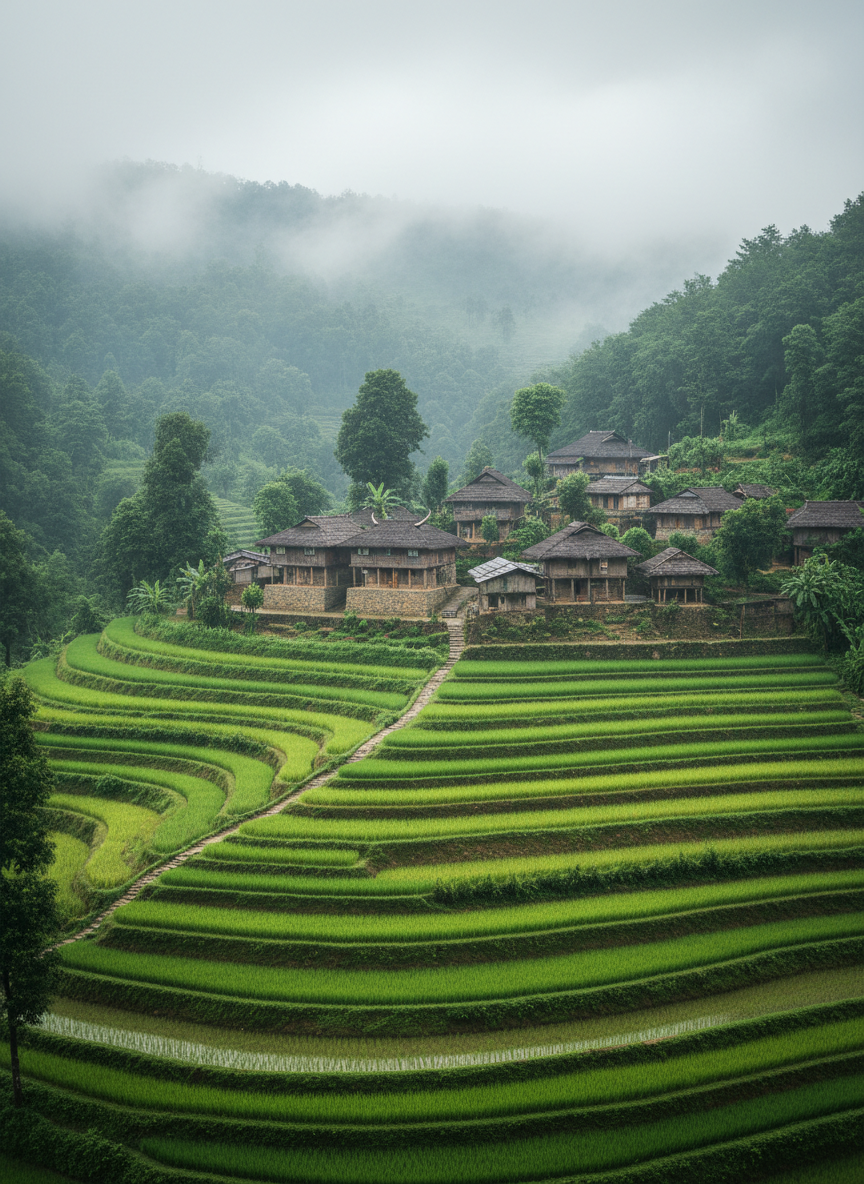 Khonoma green village in Nagaland with dramatic terraced rice fields cascading down forested hillsides, traditional Angami architecture, lush green conservation forest