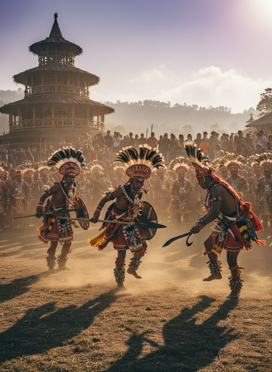Hornbill Festival in Nagaland, Naga tribal dancers in colorful traditional warrior attire with feathered headdresses performing at Kisama heritage village