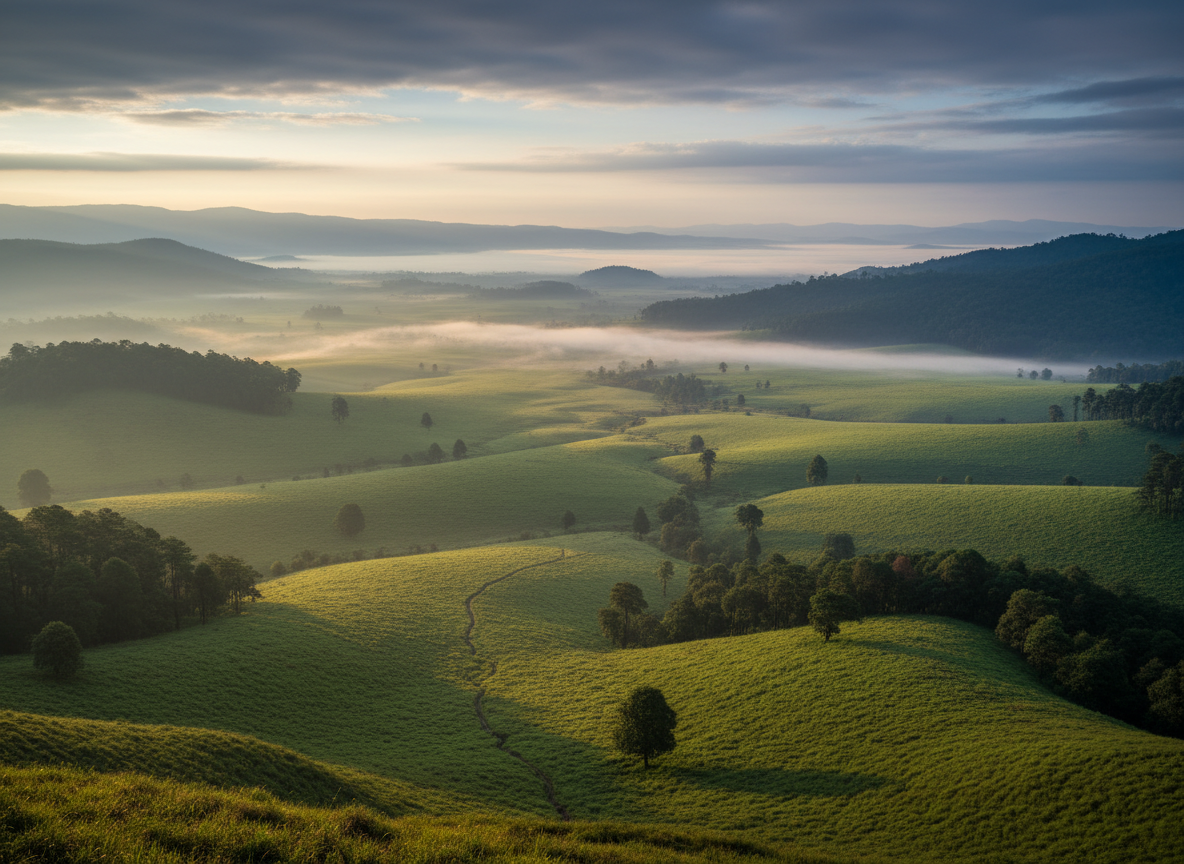Cinematic wide landscape of Nagaland's Dzukou Valley at dawn, rolling green meadows and misty forested hills stretching to the horizon, soft golden morning light breaking through low clouds