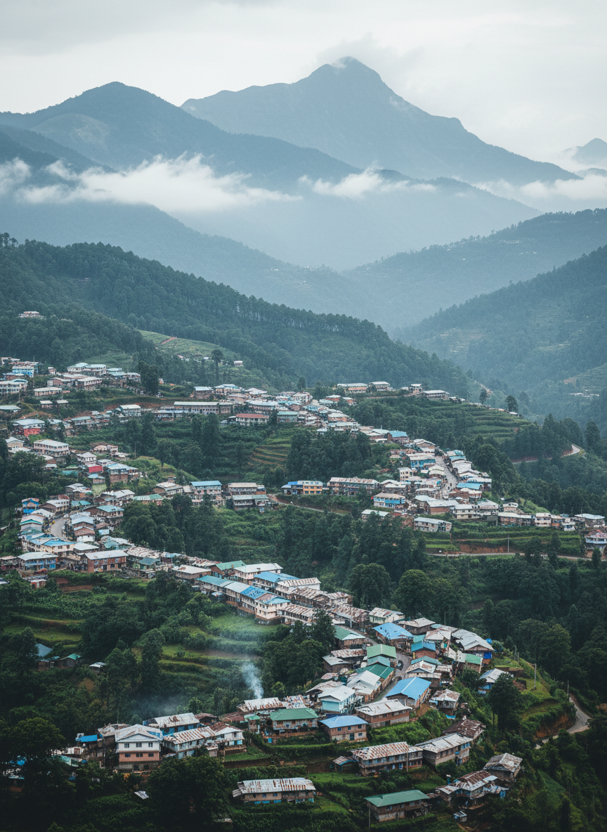 Kohima town in Nagaland sprawling across forested ridges at 5000 feet, tin-roofed houses layered on hillsides, misty mountains behind