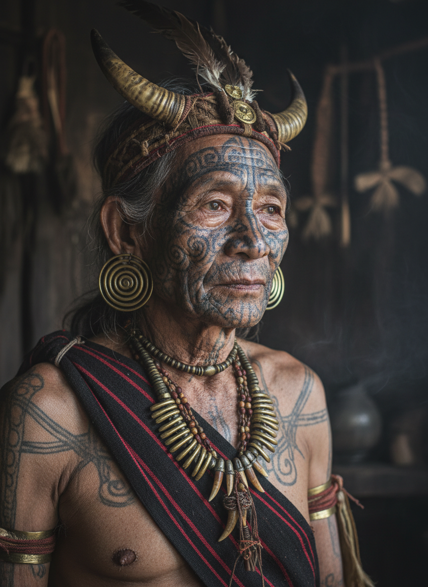 Portrait of an elderly Konyak Naga warrior elder from Mon Nagaland with traditional facial tattoos and brass ornaments, weathered dignified face