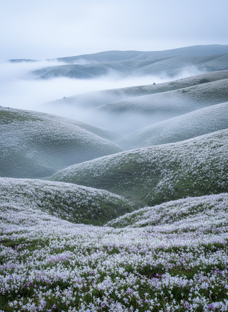 Dzukou Valley high altitude meadows in Nagaland covered in white and pale lavender Dzukou lilies blooming across rolling green hills, mist drifting through the valley