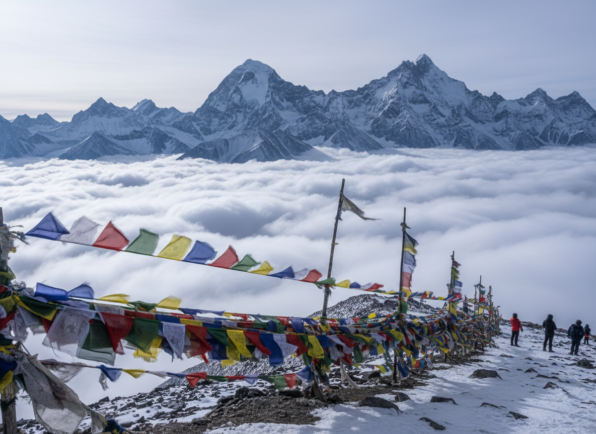 Nathula Pass high Himalayan mountain pass in Sikkim, windswept ridge with prayer flags snapping, swirling clouds below