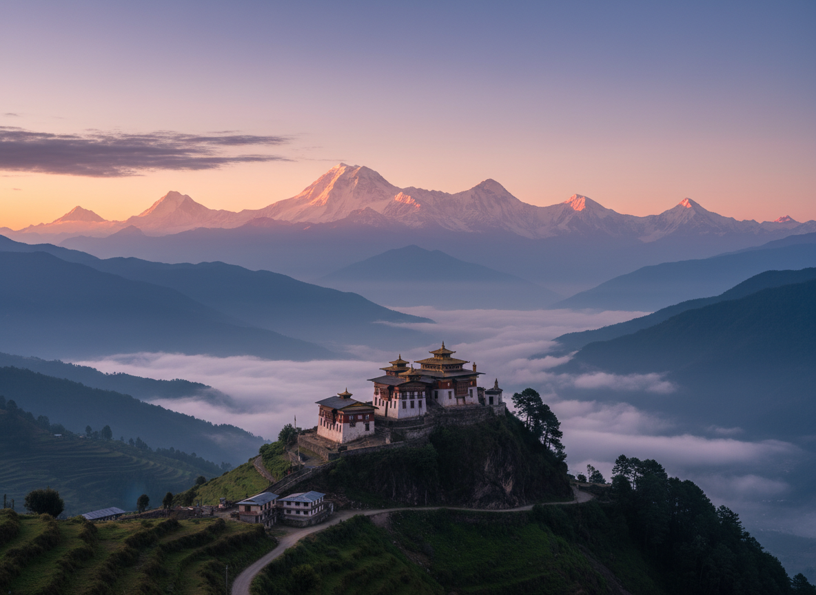 Pelling West Sikkim with dramatic Kangchenjunga peak glowing pink at sunrise, ancient Pemayangtse Monastery on a hilltop