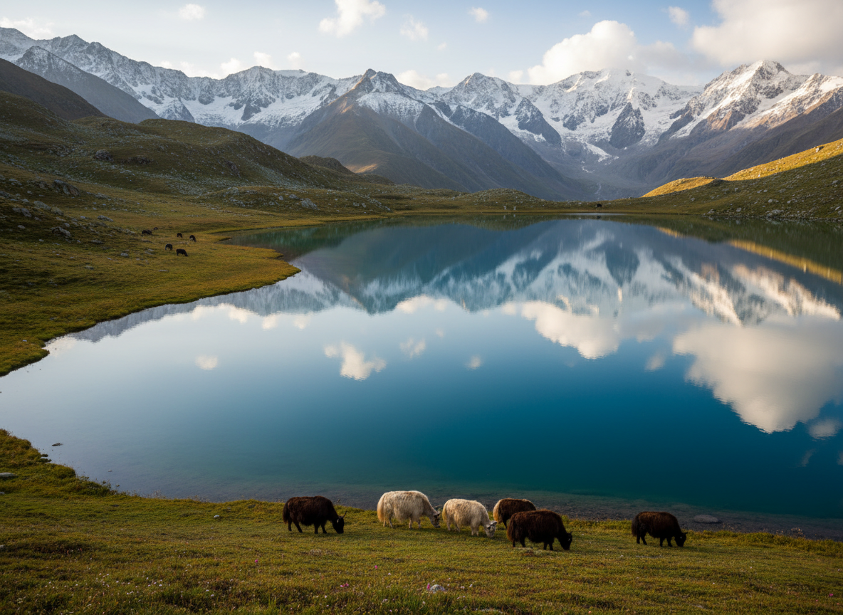 Tsomgo glacial lake in Sikkim, jade and cobalt water surrounded by alpine meadows and snow-dusted peaks, yaks grazing on the banks
