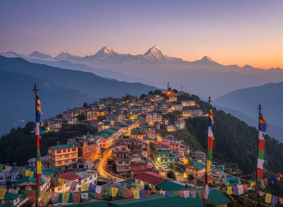 Gangtok hill town in Sikkim draped on a ridge at dusk, colorful buildings cascading down the hillside, prayer flags, distant Himalayan peaks