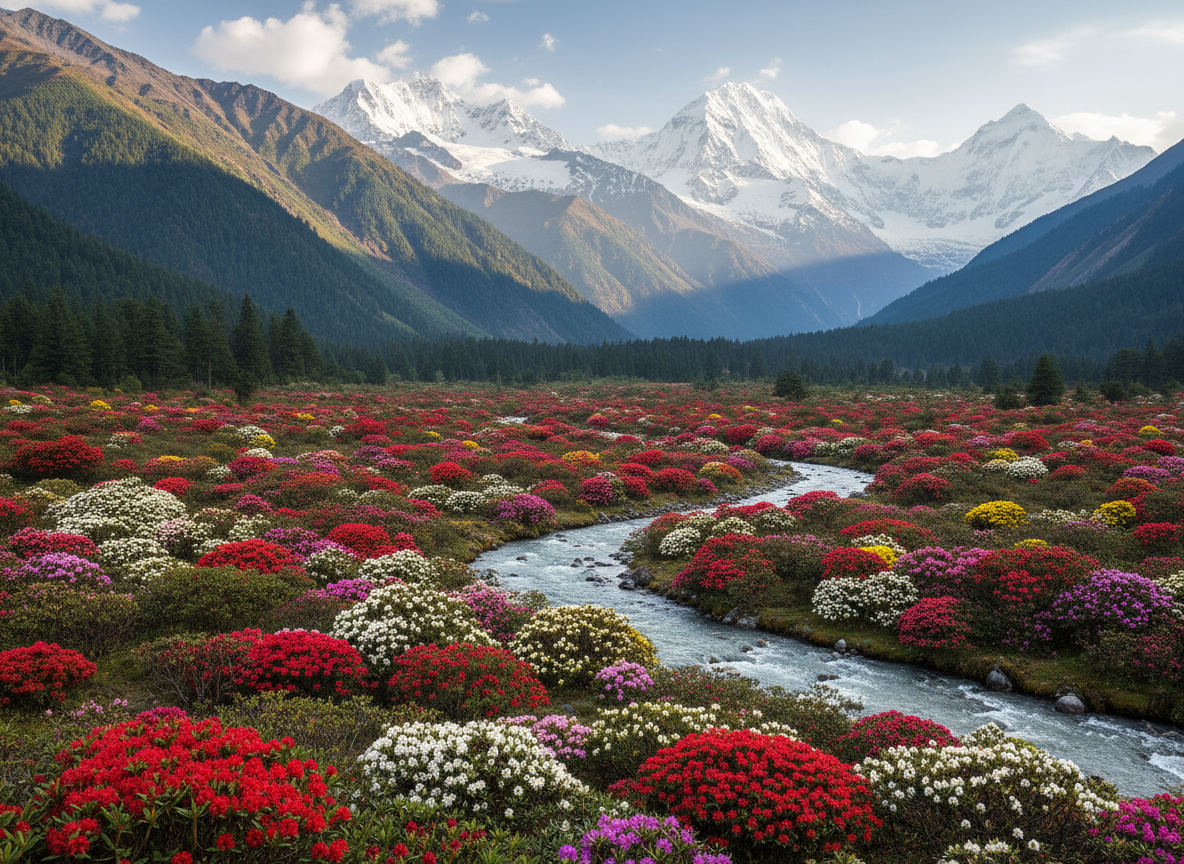 Yumthang Valley of Flowers in Sikkim, valley floor carpeted with blooming rhododendrons in spring, the silver Teesta River running through