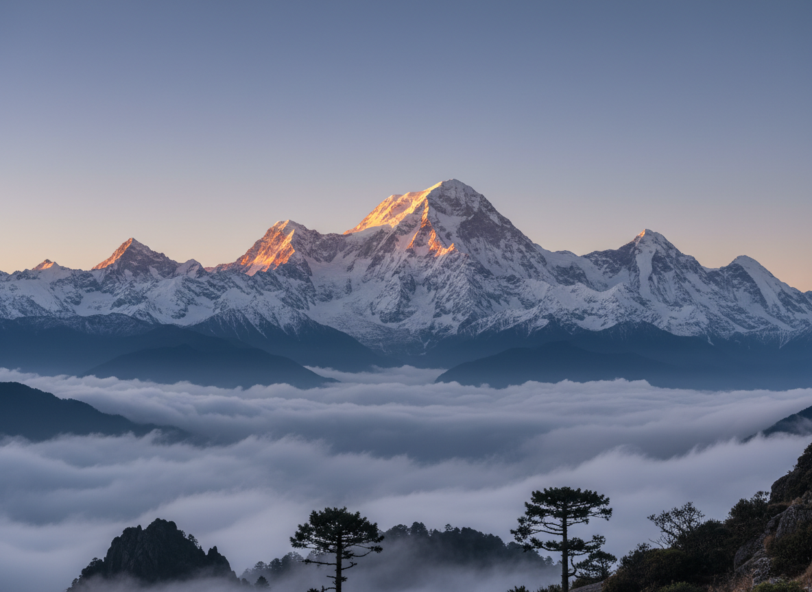 Dramatic misty Himalayan landscape of Kangchenjunga peak in Sikkim at dawn, snow-capped mountains rising above layers of clouds, golden morning light